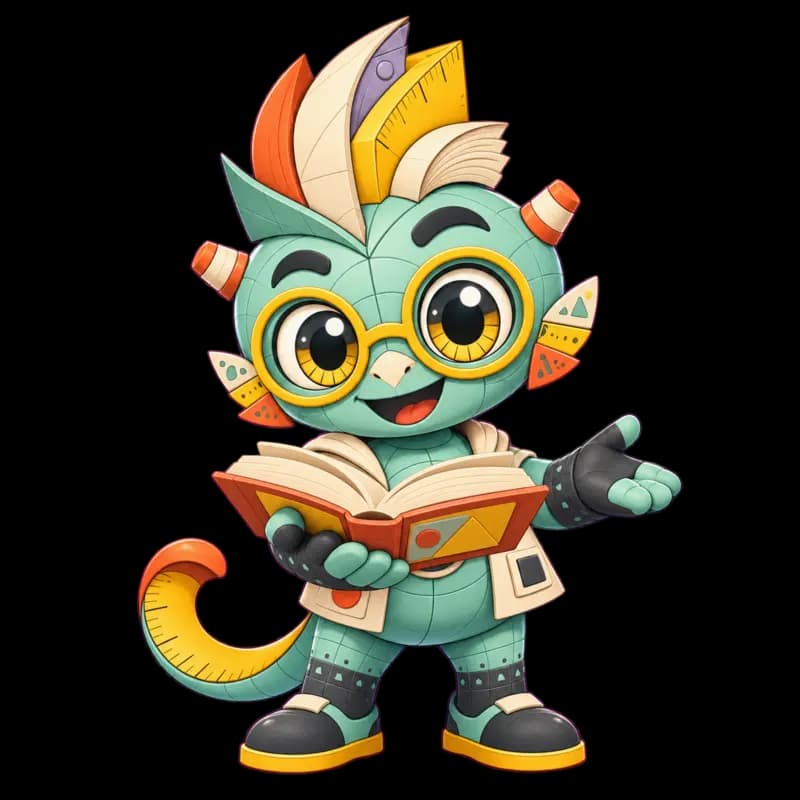 Learnex, the Academy’s mint-green mascot with gold glasses, a stationery crest and an open book.